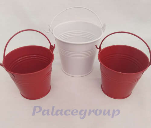 Buckets,  2 x Red, Round, Metal, H - 60mm, Top Dia - 70mm, 1 x White  1 Set / 3pc, See Photo`s Below