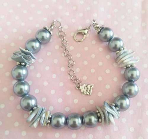 Perrine Bracelets, Grey Glass Pearl And Shell Chips, Nickel Findings, Lobster Clasp, 20cm + 5cm Ex