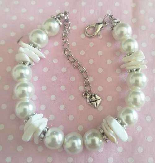 Perrine Bracelets, White Glass Pearl And Shell Chips, Nickel Findings, Lobster Clasp, 20cm + 5cm Ex