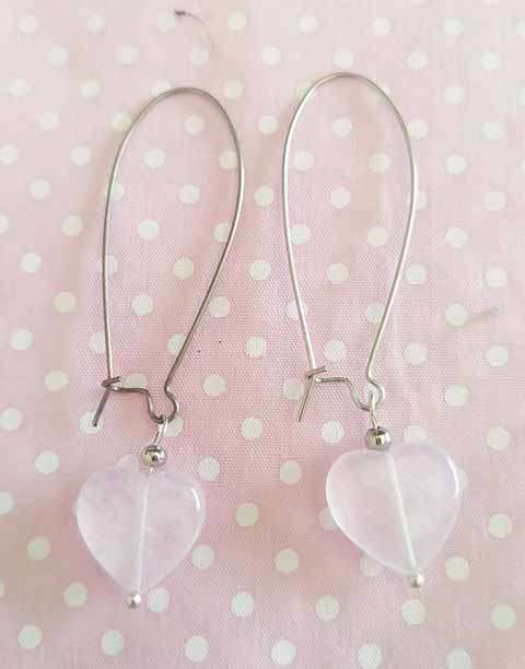 Simone Earrings, Semi-Precious, Pink Rose Quartz Hearts, Nickel Ear Hooks, 67mm