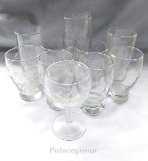 1 Set / 11pc Vintage Etched Grape Pattern Glasses, Good Condition, See Photo`s