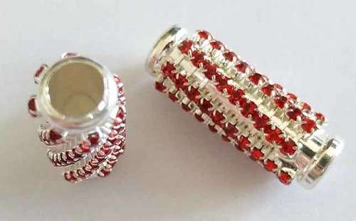 Rondals, Tube, Silver, Red Rhinestones, 27mm x 10mm, 1pc