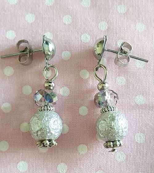 Perrine Earrings, Grey Glass Pearl And Crystal Beads, Nickel Findings & Studs, 30mm, 2pc