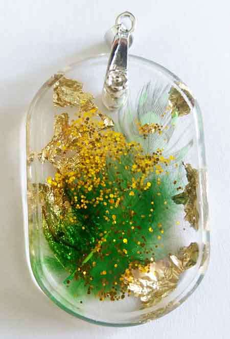 Pendant, Green And Gold, 50mm x 33mm, Handmade Resin Product, Unique, 1pc