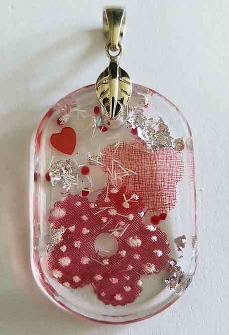 Pendant, Red And Silver, 50mm x 33mm, Handmade Resin Product, Unique, 1pc