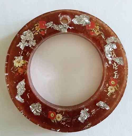 Pendant, Brownish Red With Flowers And Silver, Round 60mm, Handmade Resin Product, Unique, 1pc