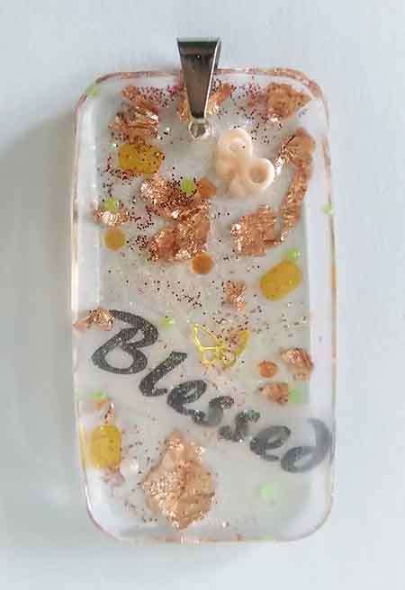 Pendant, Bronze And Orange, Blessed Word Inside, Rectangle, Handmade Resin Product, Unique, 1pc