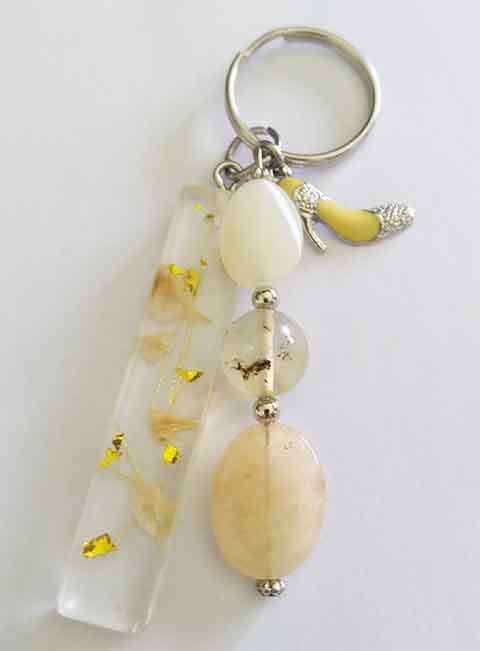 Personal Keyring, Yellow Keyring With Semi-Precious Beads, 74mm, Resin Product, Handmade, Unique