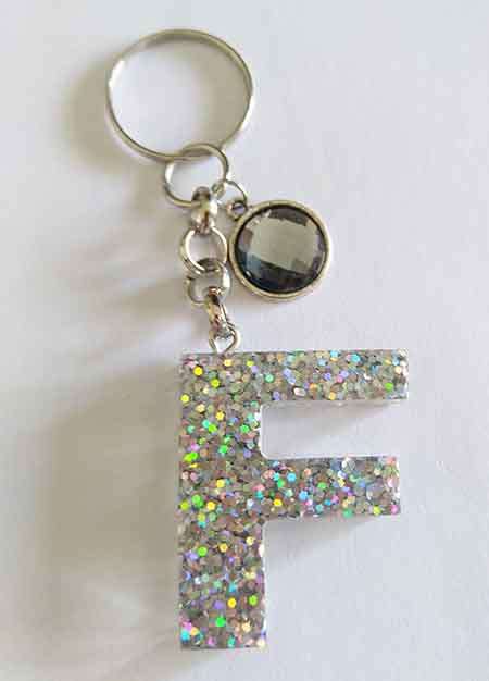 Personal Keyring, Silver Letter `F`, 40mm x ±9mm, Resin Product, Handmade, Unique