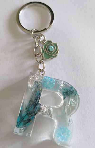Personal Keyring, Shades Of Blue Letter `R`, 40mm x ±9mm, Resin Product, Handmade, Unique