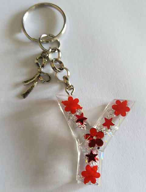 Personal Keyring, Red And Silver Letter `Y`, 40mm x ±9mm, Resin Product, Handmade, Unique