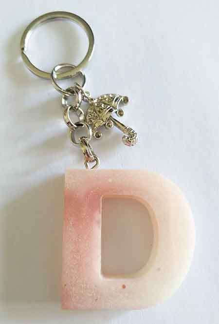 Personal Keyring, Pink And White Letter `D`, 40mm x ±9mm, Resin Product, Handmade, Unique