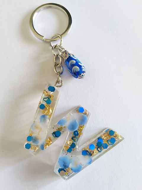 Personal Keyring, Blue And Gold Letter `W`, 40mm x ±9mm, Resin Product, Handmade, Unique
