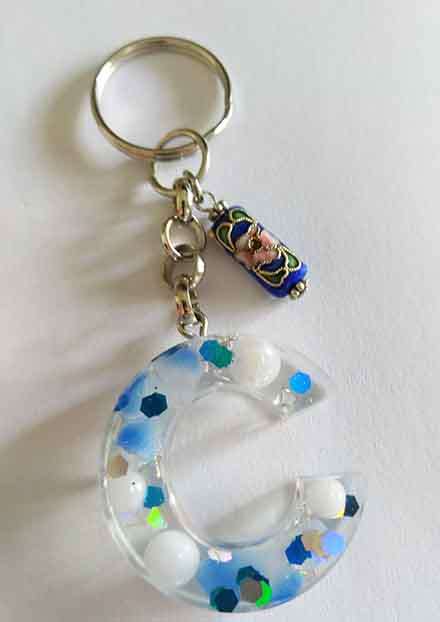 Personal Keyring, Blue And White Letter `C`, 40mm x ±9mm, Resin Product, Handmade, Unique