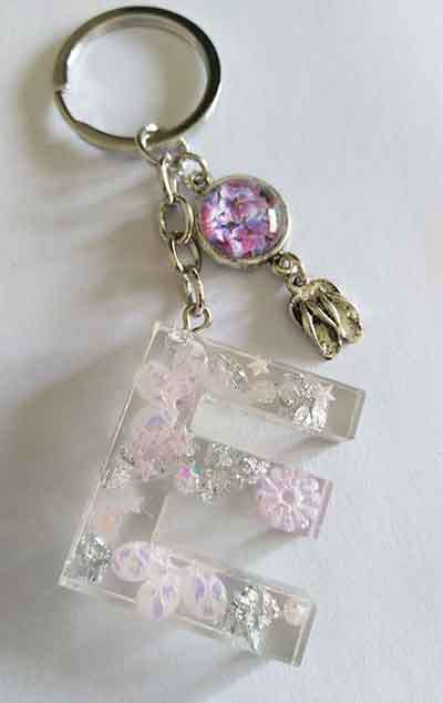 Personal Keyring, Pink And Silver Letter `E`, 40mm x ±9mm, Resin Product, Handmade, Unique