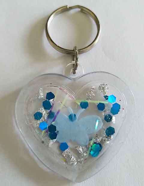 Personal Keyring, Heart, Blue And Silver, Size 48mm, Resin Product, Handmade, Unique