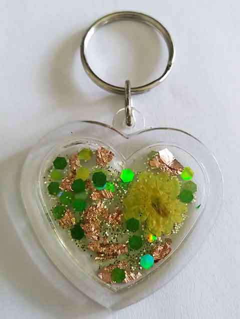 Personal Keyring, Heart, Green And Bronze, Size 48mm, Resin Product, Handmade, Unique