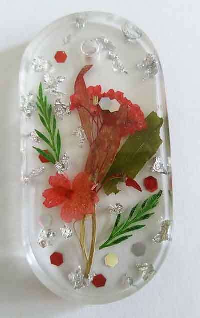 Pendant, Red And Silver, Oval, 70mm x 36mm, Handmade Resin Product, Unique, 1pc