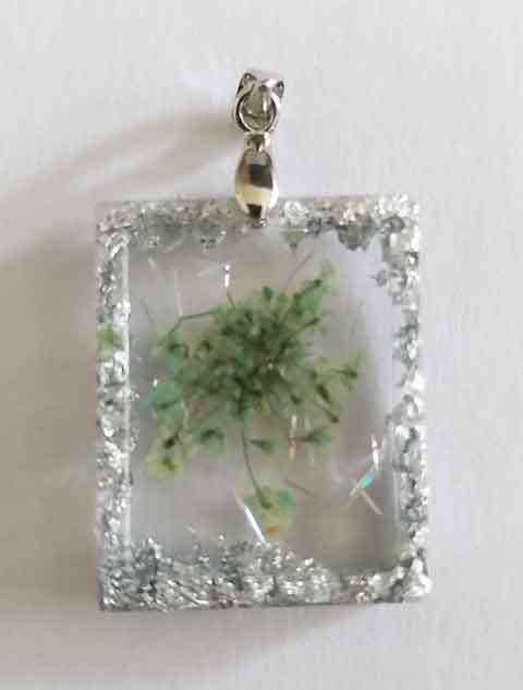 Pendant, Green And Silver, Rectangle, 26mm x 21mm, Handmade Resin Product, Unique, 1pc