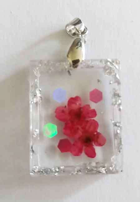 Pendant, Red And Silver, Rectangle, 26mm x 21mm, Handmade Resin Product, Unique, 1pc