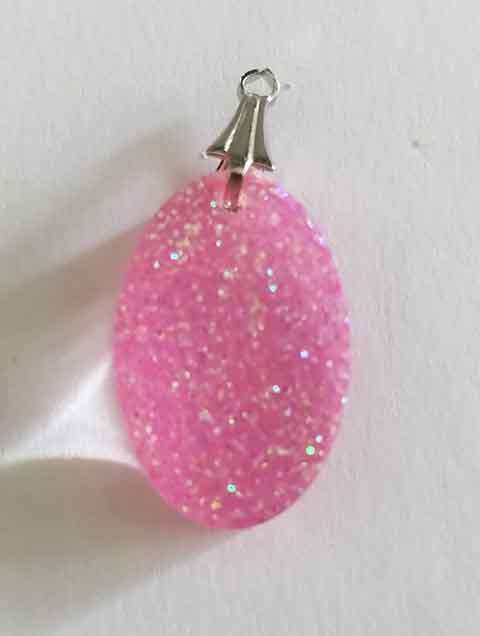 Pendant, Pink Glitter, Oval, 23mm x 15mm, Handmade Resin Product, Unique, 1pc