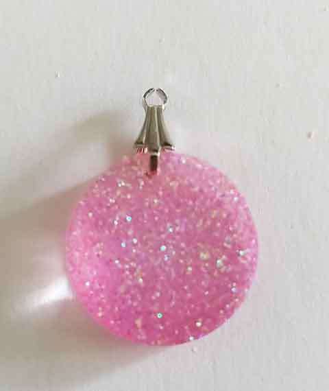 Pendant, Pink Glitter, Round, 20mm, Handmade Resin Product, Unique, 1pc