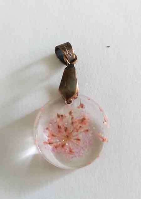 Pendant, Clear With Pink Flower, Round, 20mm, Handmade Resin Product, Unique, 1pc
