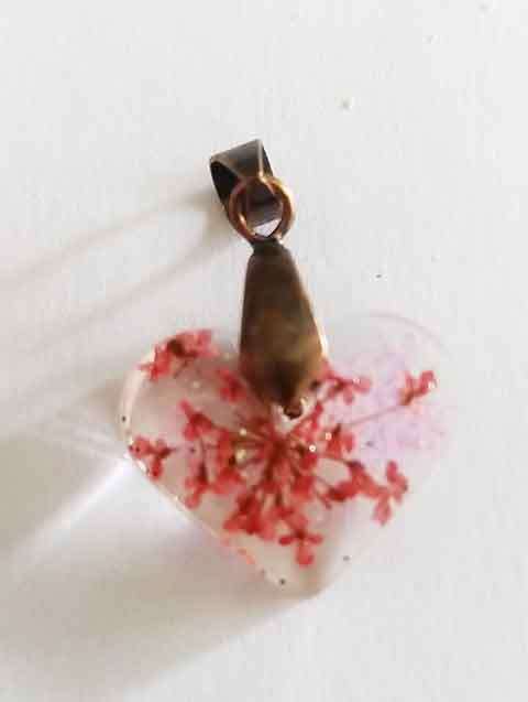 Pendant, Clear With Reddish Flower, Heart, 16mm x 20mm, Handmade Resin Product, Unique, 1pc