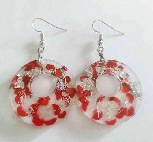 Earrings, Red And Silver, Nickel, Shepherds Hook, 62mm, Handmade Resin Product, Unique, 2pc