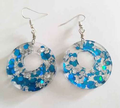 Earrings, Blue And Silver, Nickel, Shepherds Hook, 62mm, Handmade Resin Product, Unique, 2pc
