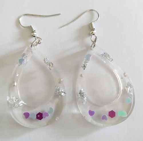 Earrings, Teardrop, Silver And Purple, Nickel Shepherds Hook, 60mm, Handmade Resin Product, Unique