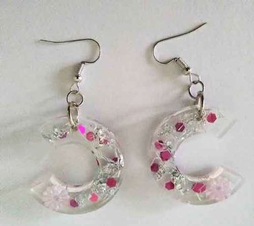 Earrings, Half Round, Clear With Pink, Nickel Shepherds Hook, 62mm, Handmade Resin Product, Unique