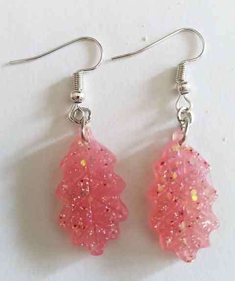 Earrings, Leaf, Pink Glitter, Nickel Shepherds Hook, 48mm, Handmade Resin Product, Unique
