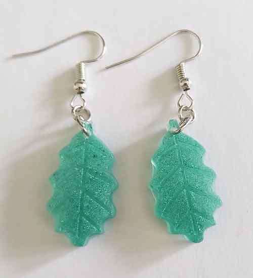 Earrings, Leaf, Green Glitter, Nickel Shepherds Hook, 48mm, Handmade Resin Product, Unique