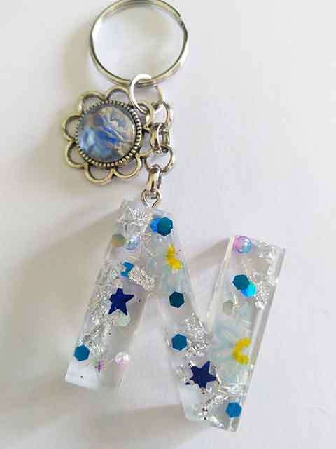 Personal Keyring, Letter N, Blue And Silver, Size 40mm x ±9mm, Resin Product, Handmade, Unique