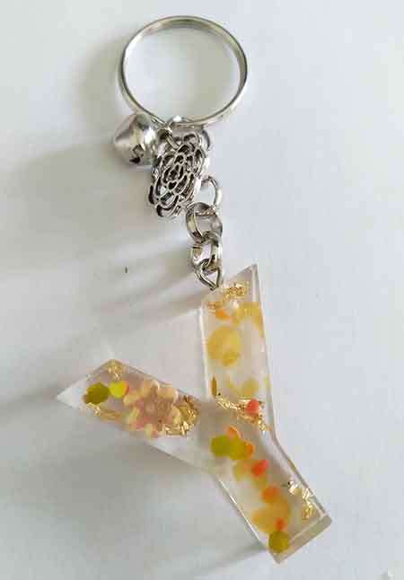 Personal Keyring, Letter Y, Orange And Gold, Size 40mm x ±9mm, Resin Product, Handmade, Unique