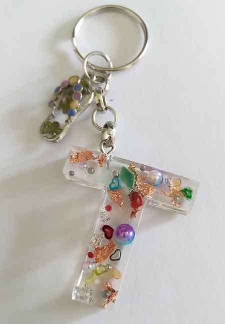 Personal Keyring, Letter `T`, Multi Coloured, Size 40mm x ±9mm, Resin Product, Handmade, Unique