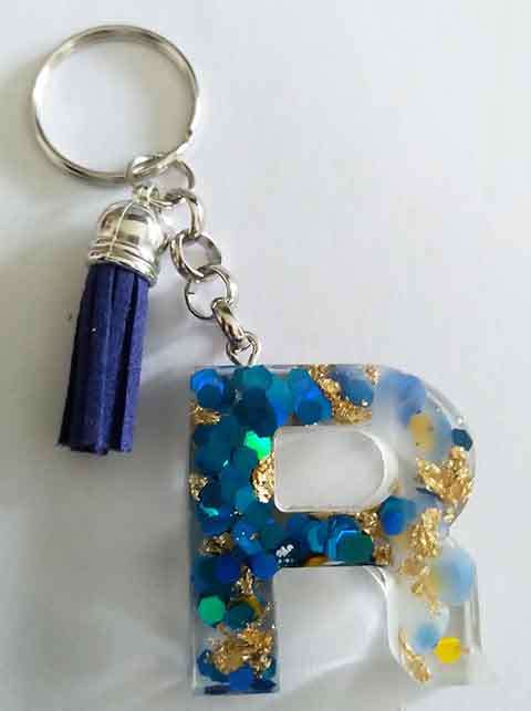 Personal Keyring, Letter `R`, Blue And Gold, Size 40mm x ±9mm, Resin Product, Handmade, Unique