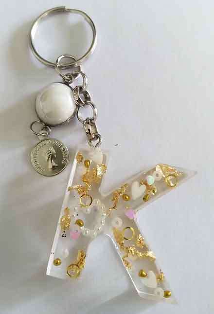 Personal Keyring, Letter `K`, Gold And White, Size 40mm x ±9mm, Resin Product, Handmade, Unique