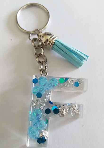 Personal Keyring, Letter `F`, Blue And Silver, Size 40mm x ±9mm, Resin Product, Handmade, Unique