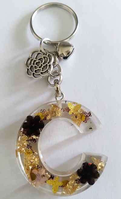 Personal Keyring, Letter `C`, Gold And Brown, Size 40mm x ±9mm, Resin Product, Handmade, Unique