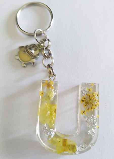 Personal Keyring, Letter `U`, Yellow And Silver, Size 40mm x ±9mm, Resin Product, Handmade, Unique