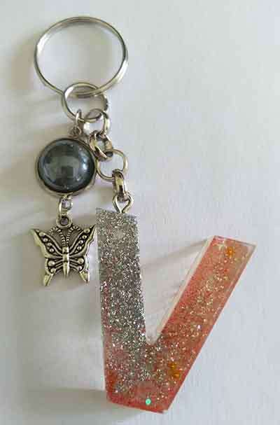 Personal Keyring, Letter `V`, Silver And Orange, Size 40mm x ±9mm, Resin Product, Handmade, Unique