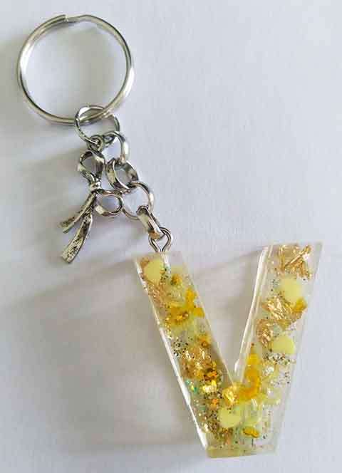 Personal Keyring, Letter `V`, Yellow, Size 40mm x ±9mm, Resin Product, Handmade, Unique
