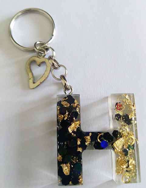 Personal Keyring, Letter `H`, Black And Gold, Size 40mm x ±9mm, Resin Product, Handmade, Unique