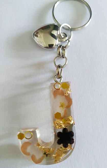 Personal Keyring, Letter `J`, Brown And Gold, Size 40mm x ±9mm, Resin Product, Handmade, Unique