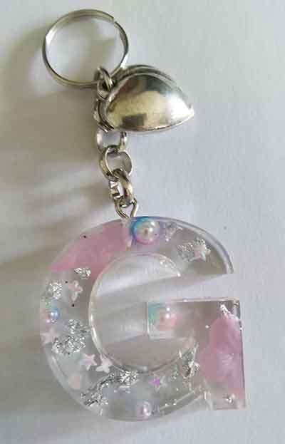 Personal Keyring, Letter `G`, Pink And Silver, Size 40mm x ±9mm, Resin Product, Handmade, Unique