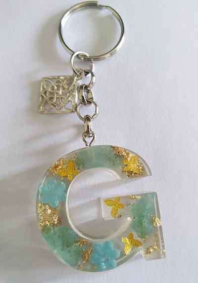 Personal Keyring, Letter `G`, Green And Gold, Size 40mm x ±9mm, Resin Product, Handmade, Unique