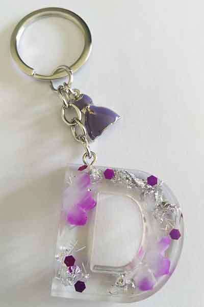 Personal Keyring, Letter `D`, Purple And Silver, Size 40mm x ±9mm, Resin Product, Handmade, Unique