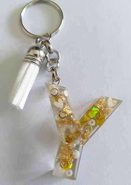 Personal Keyring, Letter `Y`, White And Gold, Size 40mm x ±9mm, Resin Product, Handmade, Unique